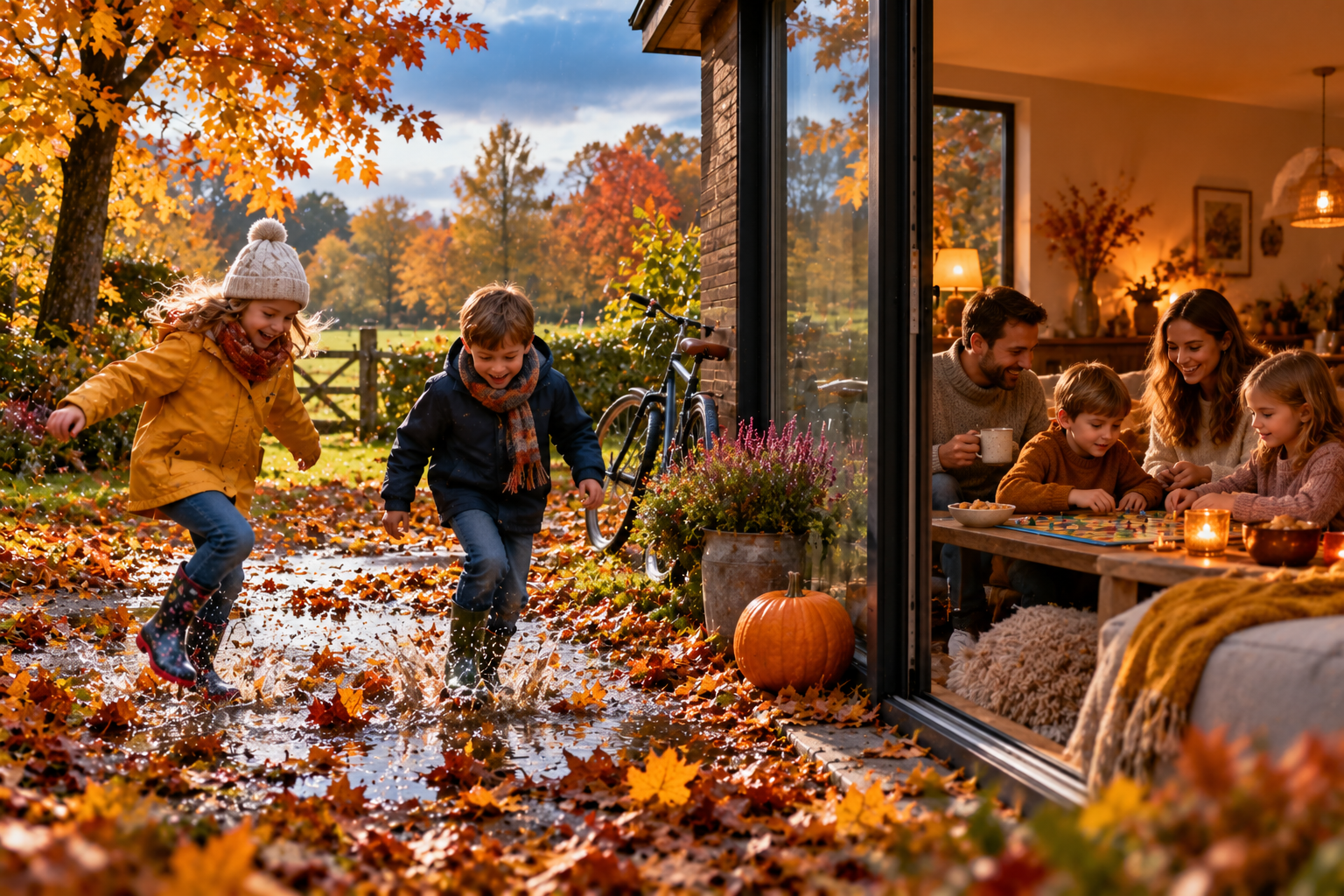 Gezin geniet van een frisse herfstdag buiten en binnen
