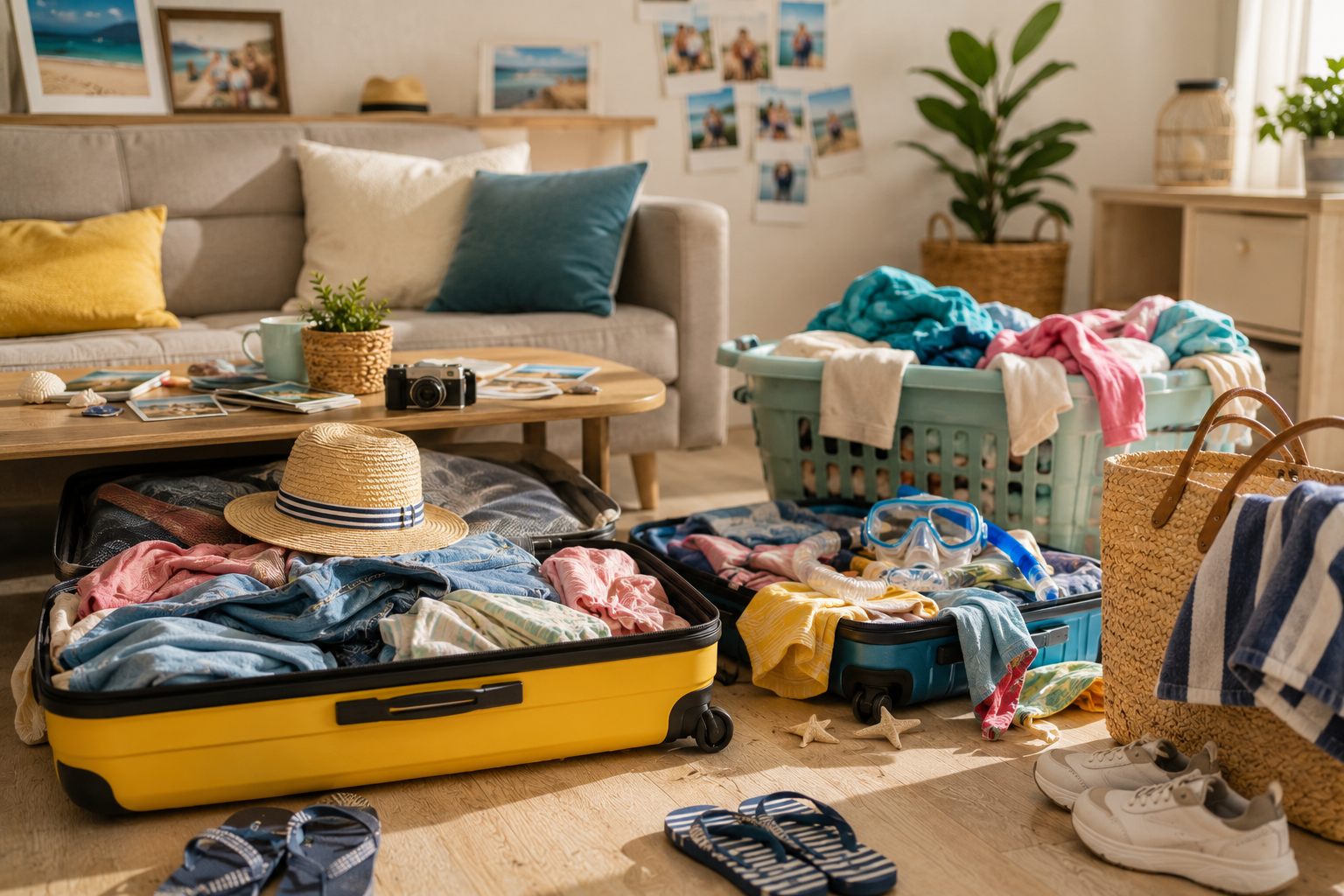Uitgepakte vakantiekoffers met kleding, souvenirs en vakantiespullen in huis