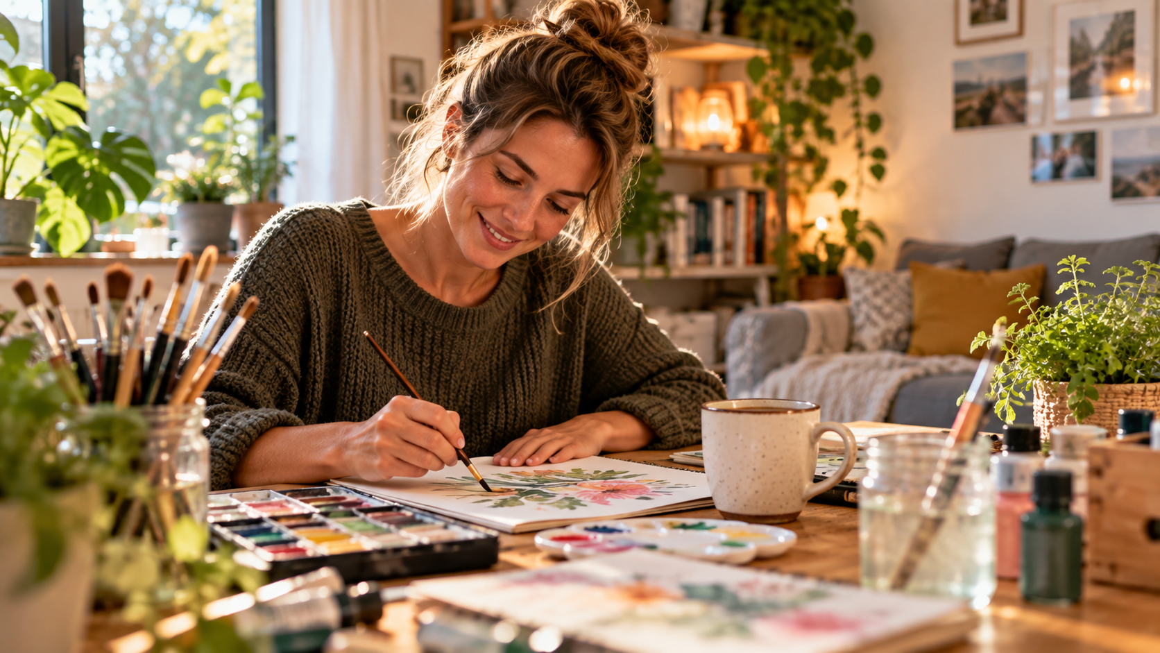 Persoon die thuis creatief bezig is met een nieuwe hobby